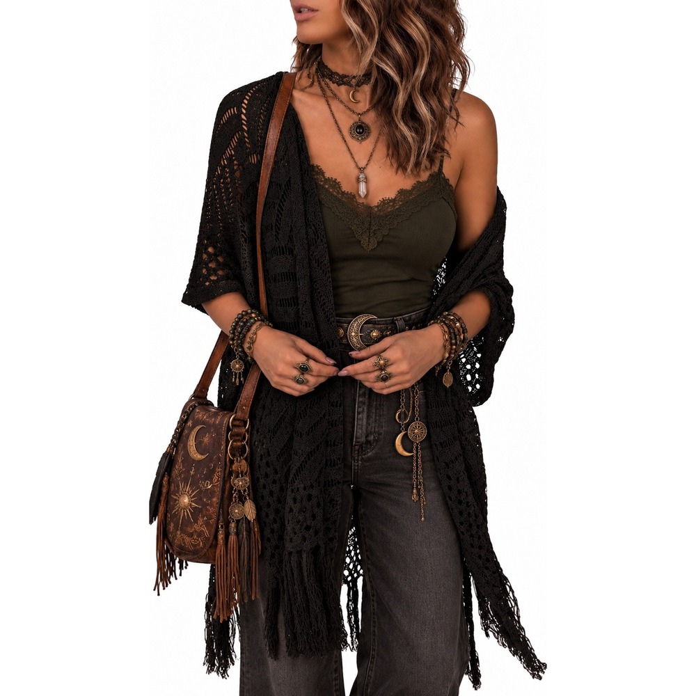 NWT Knit Cardigan Hollow Out Crochet Lightweight Kimonos Sweater 2XL Black